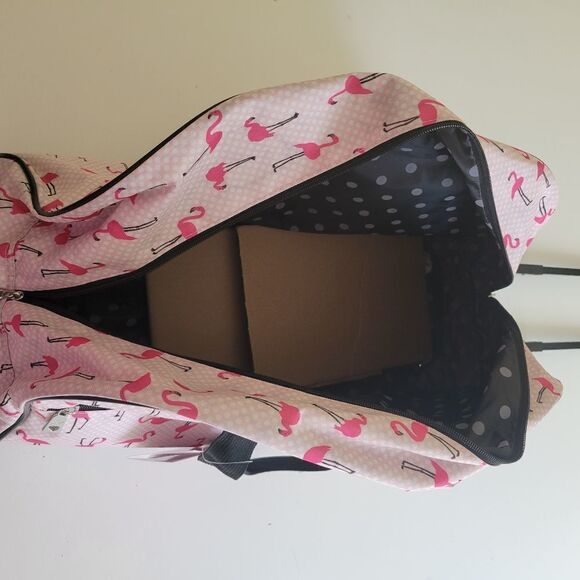 $160 LARGE NEW BETSEY JOHNSON PINK FLAMINGO CARRYON ROLLING TRAVEL BAG BLACK NWT - Picture 3 of 14